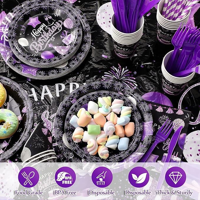 Norme 176 Pcs Purple and Black Birthday Tableware Set Birthday Decoration Includes Tablecloth Paper Plates Napkins Paper Cups Forks Knifes and Straws for 25 Guests Party Supplies (Modern)