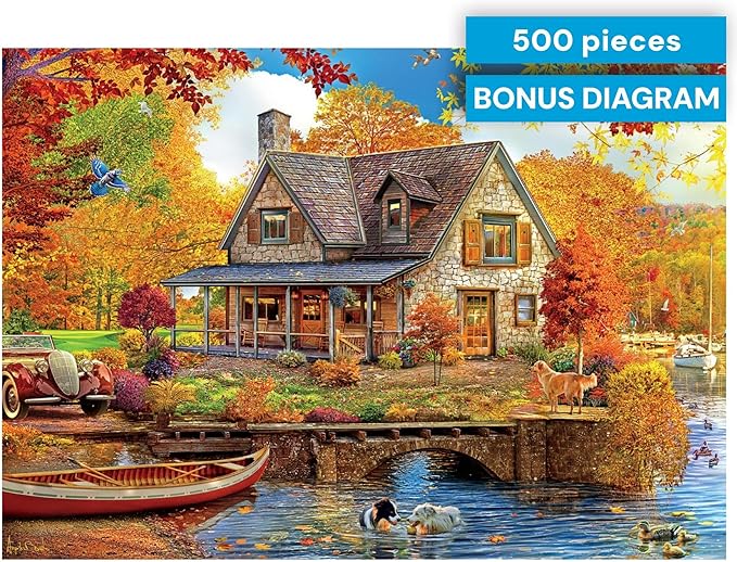 Buffalo Games - 500 Piece Jigsaw Puzzle Angelo Bonito Autumn Lake House, Made in USA, Premium Recycled Board, Full-Color Poster