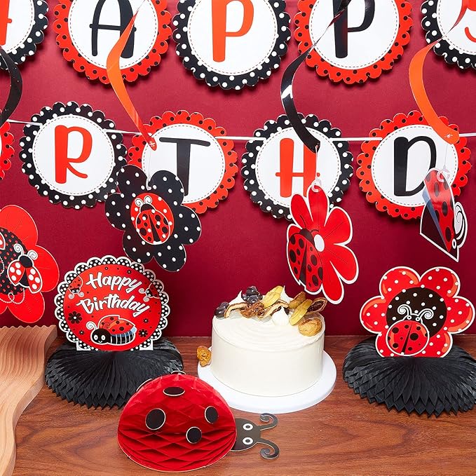Ladybug Fancy Birthday Party Decoration Kit Cute Ladybug Birthday Banner Ladybugs Honeycomb Centerpiece Hanging Swirls Decoration for Girls Baby Shower Party Supplies