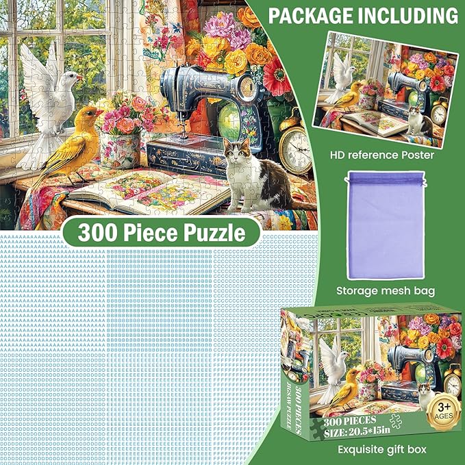 Puzzles 300 Pieces for Adults,Vintage Sewing Machine Cat Jigsaw Puzzle for Seniors Children, Large Piece Bird Vase Puzzle for Kids Age 8-10 10-12, Stitch Quilt Puzzles,Family Game Great Gift 20.5*15in