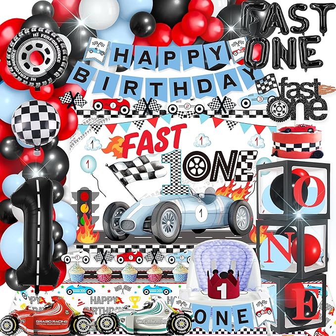 Fast One Race Car Birthday Decorations for Boys - 1st Birthday Set With Photo Banner and Balloon Box