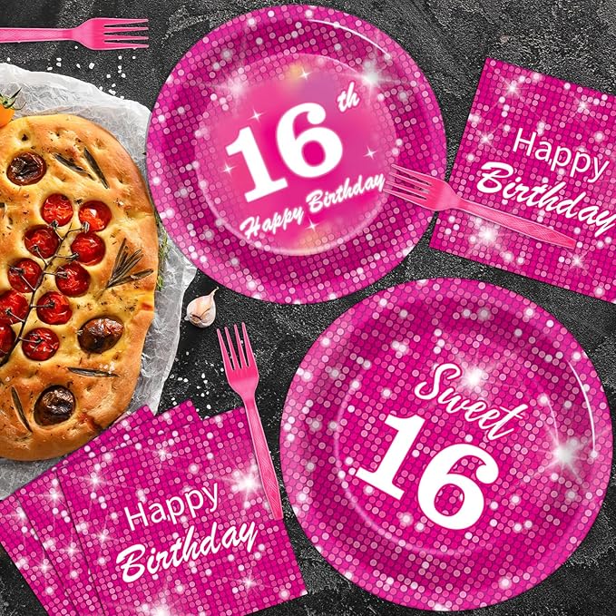 96Pcs Hot Pink Disco Birthday Party Supplies Sweet 16 Paper Plates and Napkins Hot Pink 16th Iridescent Tableware Decoration for Girls Happy 16 Years Old Princess Disco Themed Party Favors Serves 24