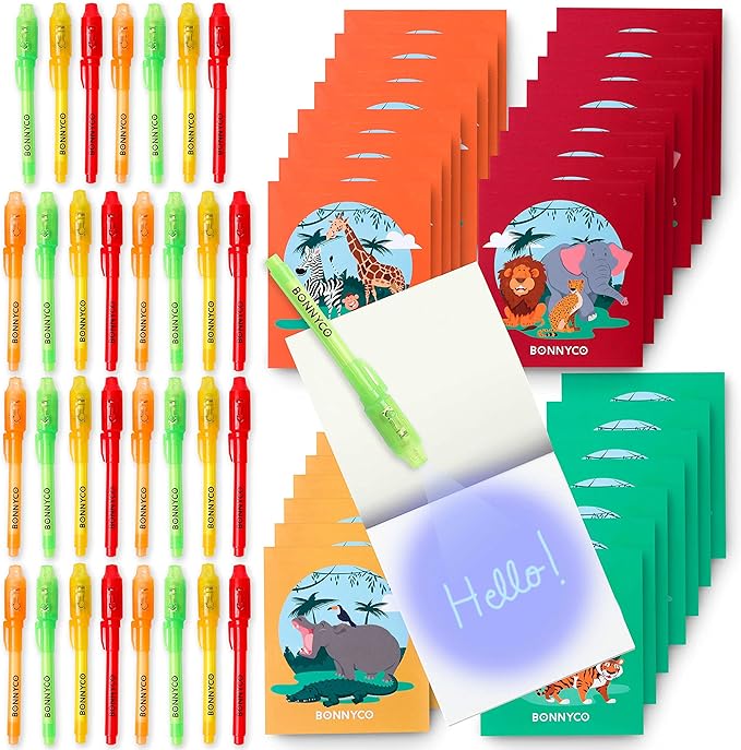 BONNYCO Invisible Ink Pen and Notebook Pack 32, Safari Party Favors for Kids. Magic Spy Pen, Goodie Bags Stuffers for Kids. Jungle Goody Bag Stuffers, Return Gifts Birthday. Classroom Prizes Students
