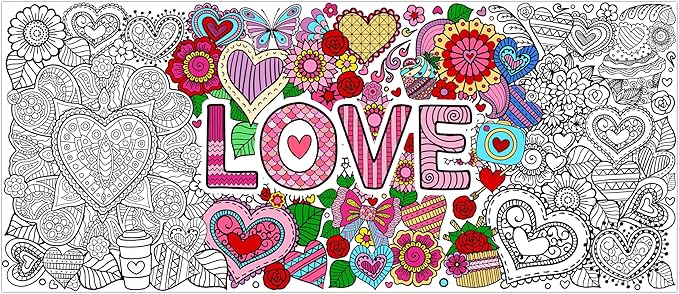 Jumbo LOVE Mandala Coloring Poster - Valentine’s Day Heart Flower DIY Drawing Color-in Paper Blank Art Banner 55.1 x 23.6 Inch Wall Decor, Home Classroom Activity for Kids Party Supplies