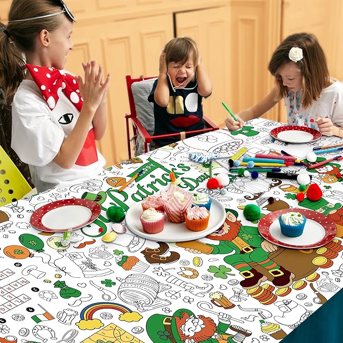 St. Patrick’s Day Coloring Tablecloth for Kids, Giant 30x72 Inch Poster with Shamrocks, Leprechauns, Perfect for Party Games, Holiday Decorations, Classroom Activities, Party Supplies