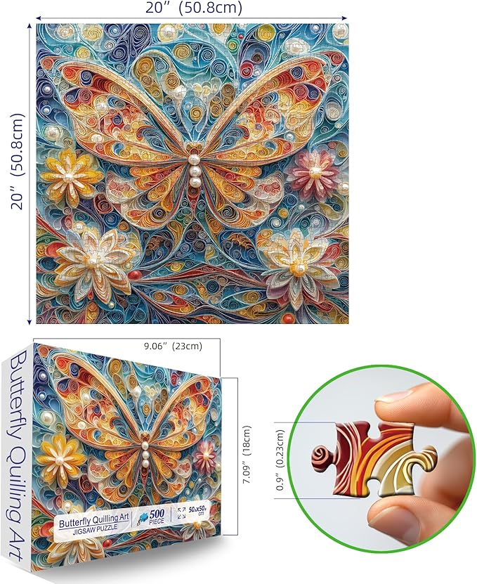 500 Piece Puzzles for Adults - Quilling Art Butterfly Jigsaw Puzzle, 20x20 Inches Vibrant Floral Art Puzzle for Relaxation & Home Decor