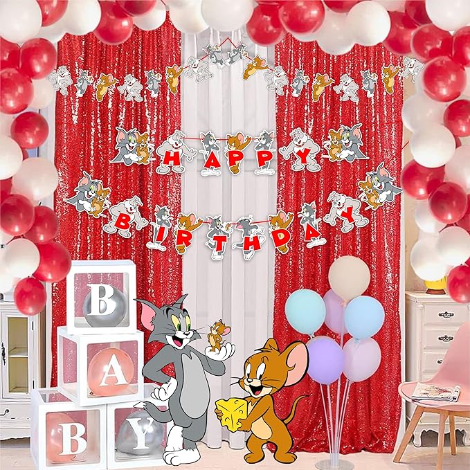 "Tom & Jery Theme Birthday Party Supplies – Cartoon Character – Complete Birthday Decoration Set with Banner, Cake Topper, Cupcake Toppers and Party Accessories for Boys & Girls"
