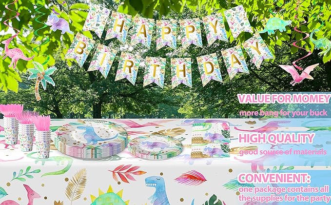 Pastel Dinosaur Party Supplies for 20 Guests, Girl Dinosaur Birthday Party Supplies Include Dinosaur Plates and Napkins Cups and Cutlery, Dinosaur Birthday Decorations Tableware Set for Girls Kids