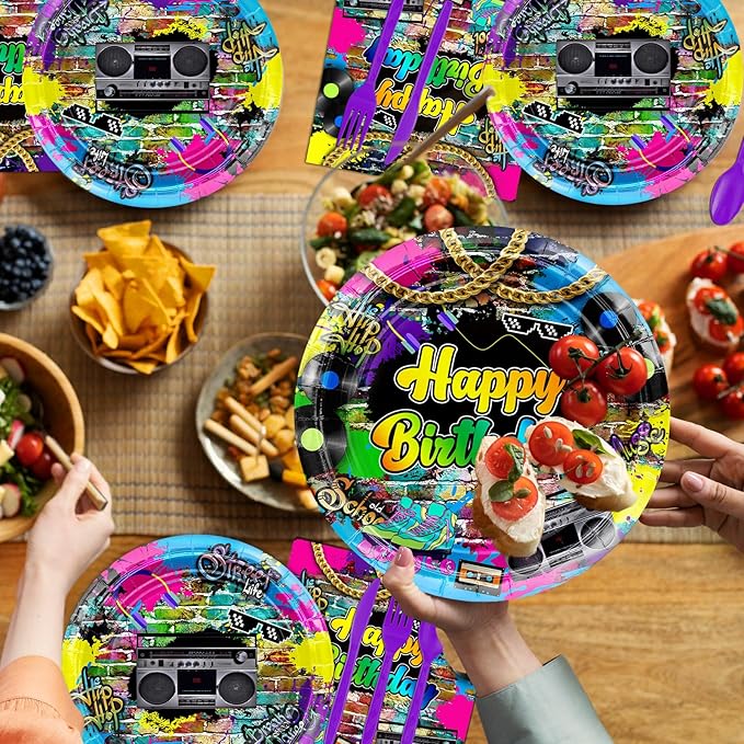 Avezano 192 Pcs 80’s Party Tableware Set 80s Birthday Hip Hop Party Table Decorations Supplies Retro 80s Theme Paper Plates, Napkins, Cups and Plastic Cutlery for 24 Guests