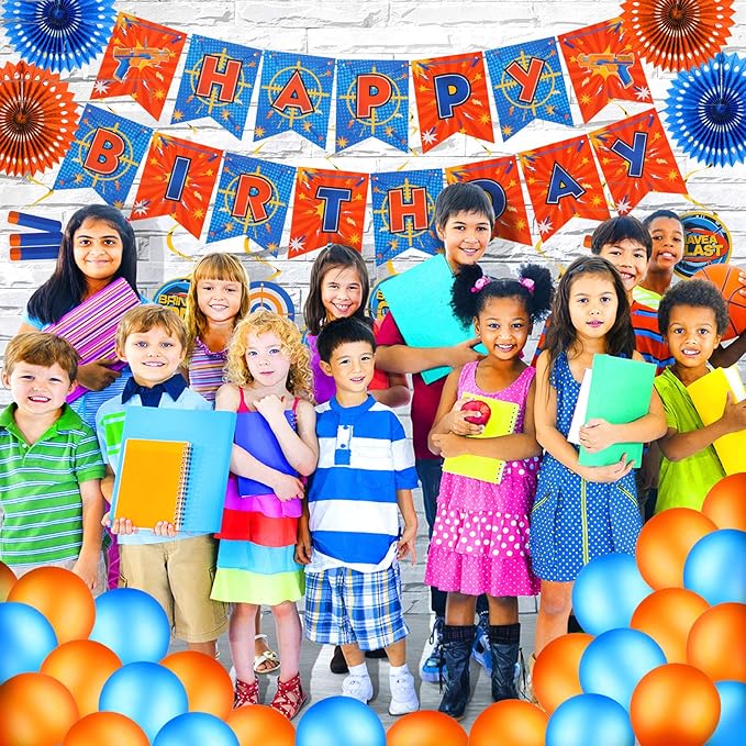 30 Pieces Dart Happy Birthday Supplies Gun Decoration Banner Latex Balloons Paper Fans Honeycomb Centerpieces 3D Dart Table Decorations Hanging Swirls for Birthday Party