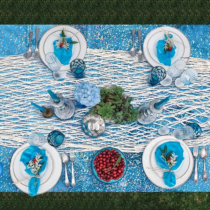 Unittype 6 Pcs Fish Net Decorative and Tablecloth Set, Cotton Fishnet and Plastic Table Cover Decorations Set for Nautical Themed Party Baby Shower Pirate Decorations Mermaid Party (Laser Ocean)