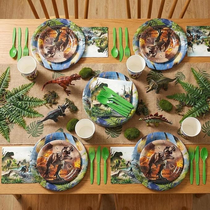 168pcs Dinosaur Party Supplies Dino Plates Napkins Disposable Tableware Set Paper Cups Green Forks Dinosaur Birthday Party Decorations for Boys Kids Birthday Decor Severs 24