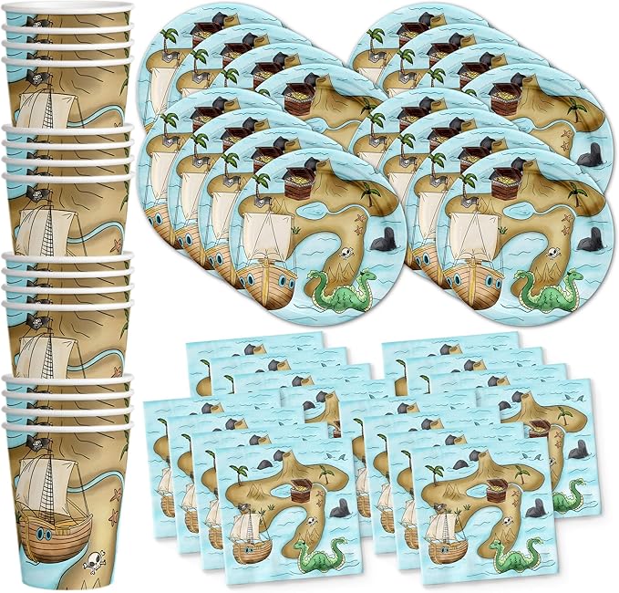 Pirate Treasure Map Birthday Party Supplies - Treasure Hunt Party Kit for 16 Includes Plates, Napkins and Cups