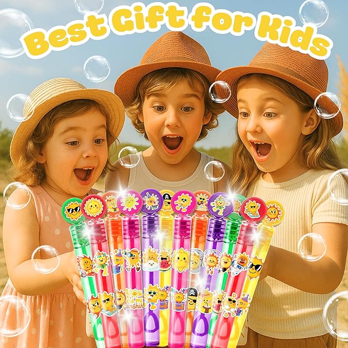Sunshine Party Favors for Kids - 24PCS Smiling Sun Bubble Wands Bright Happy Theme Birthday Party Supplies Goodie Bag Fillers Classroom Rewards