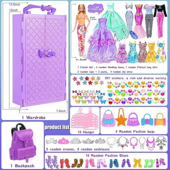 iBayda 92pcs 11.5 inch Girl Doll with Clothes Accessories and Closet Set Including Long Princess Dress Outfits Shoes Handbags Necklaces DIY Bead Stickers for Design Kit Girl Doll Dress Up