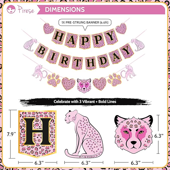 Pirese Pink Cheetah Happy Birthday Banner, Pink Cheetah Birthday Decorations, Leopard Party Decorations, Animal Birthday Party Decorations | Safari Party | Leopard Party Supplies | Animal Print