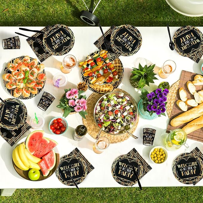 168Pcs Roaring 20s Party Decorations Great 1920s Party Plates Napkins Cups Forks Knives Spoons Black and Gold Retro Jazz Tableware for Speakeasy Bachelor Retirement Movie Night Supplies Serves 24