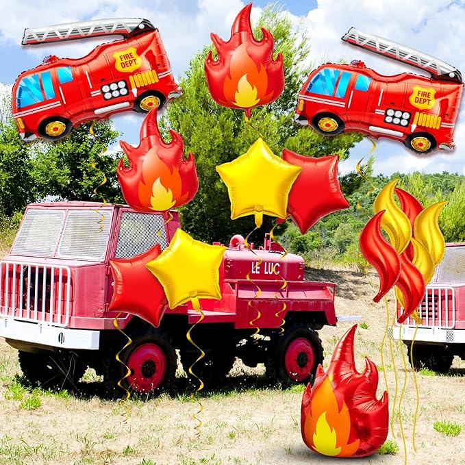 18 Pcs Fire Truck Balloons Set 4 Aluminum Foil Flame Balloon, 2 Fire Truck Firefighter Balloon, 6 Fire Balloons, 6 Star Balloons for Rescue Themed Decoration Firefighter Birthday Party Supplies