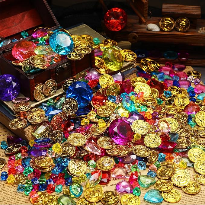 Gejoy 868 Pcs St. Patrick's Day Pirate Party Favors Pirate Treasure Jewels and Gold Fake Coins Booty Chest Play Set with Drawstring Bag for Summer Pool Diving Adventure Themed Party Decorations