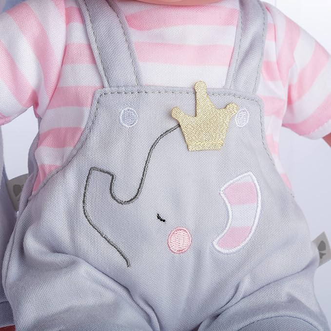 JC Toys | Berenguer Boutique | Baby Doll Outfit | Gray Overall Shorts with Pink Stripes | Includes Headband and Booties | Ages 2+ | Fits Dolls 14"- 16"