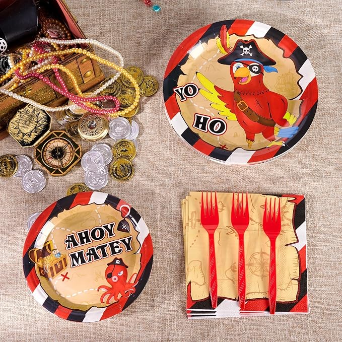 WERNNSAI Pirate Party Supplies - 64PCS Pirate Plates Napkins and Forks Treasure Map Party Decorations Nautical Birthday Plates and Napkins for Kids Boys Baby Shower Favors Serves 16 Guests