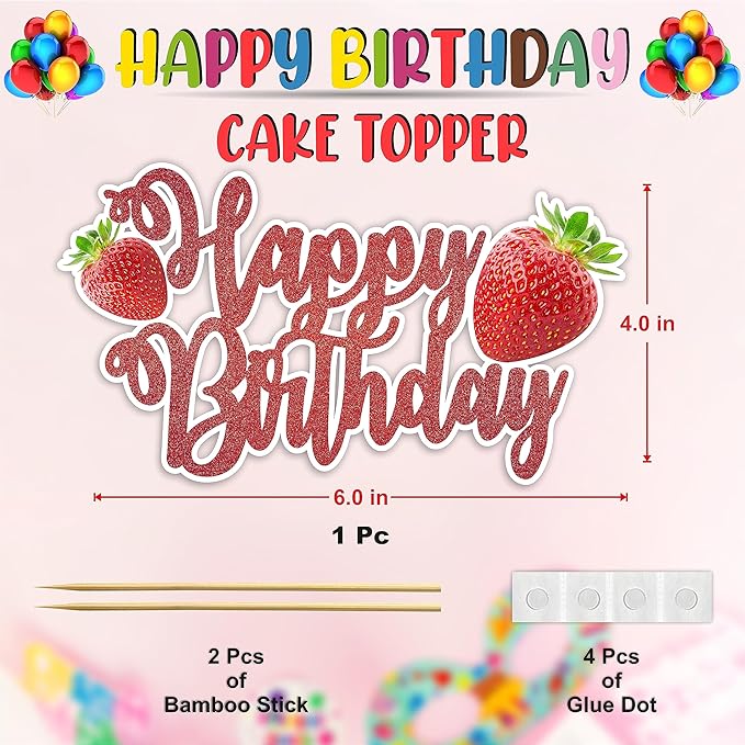 Real Strawberry Happy Birthday Cake Topper – Fresh Fruit Theme Cake Decoration for Birthday Celebration, Strawberry Inspired Dessert Topper for Party Cakes, Table Display Styling, Photo Setup.