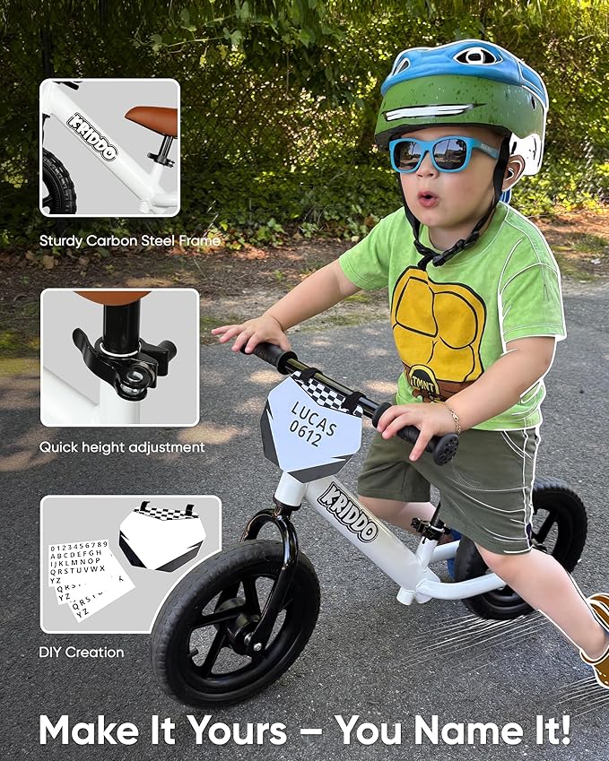 KRIDDO Toddler Balance Bike 2 Year Old, Age 24 Months to 5 Years Old, 12 Inch Push Bicycle with Customize Plate (3 Sets of Stickers Included), Gift Bike for 2-3 Boys Girls, White
