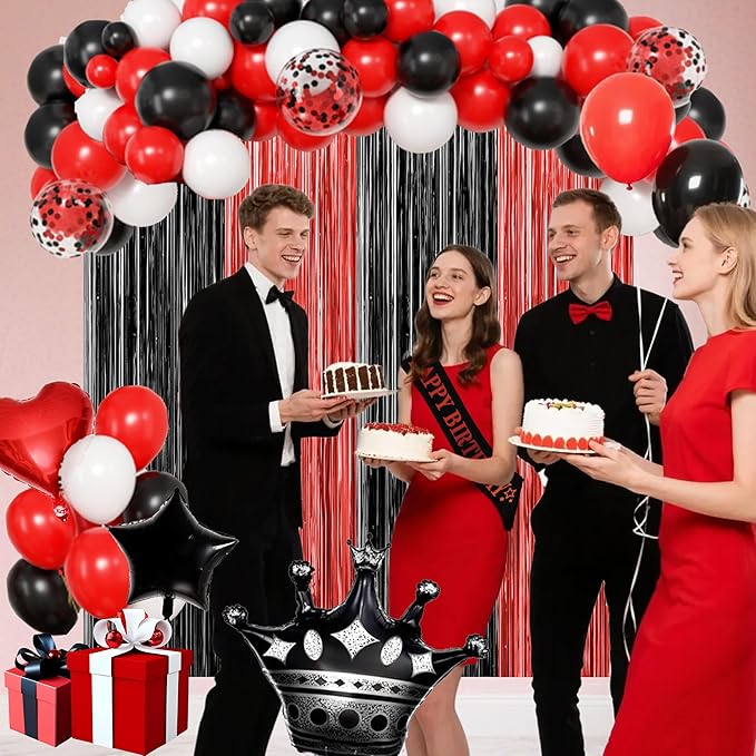Red And Black Birthday Decorations for Women,Fringe Curtains Happy Birthday Banner,Red balloons,Cake Toppers for girls