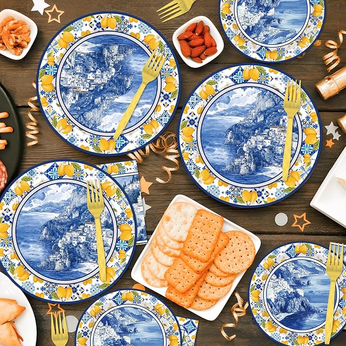 96 Pcs Amalfi Coast Party Decorations, Capri Lemon Plates and Napkins Tableware Set, Capri Lemon Party Supplies for Kids Birthday Baby Shower, Disposable Dinnerware Serve 24 Guests