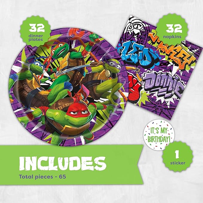 Teenage Mutant Ninja Turtle Birthday Decorations | 32 Plates & 32 Napkins | Officially Licensed | NInja Turtle Party Decorations | TMNT Mutant Mayhem Movie
