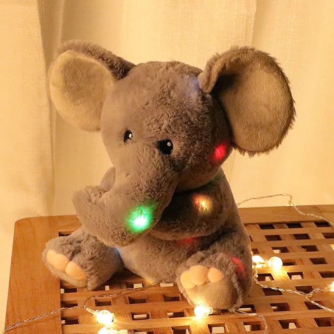 Hopearl LED Plush Elephant Lighting Up Stuffed Animal Floppy Night Lights Glow in The Dark Birthday Festival for Kids Toddler Girls, Gray, 11''