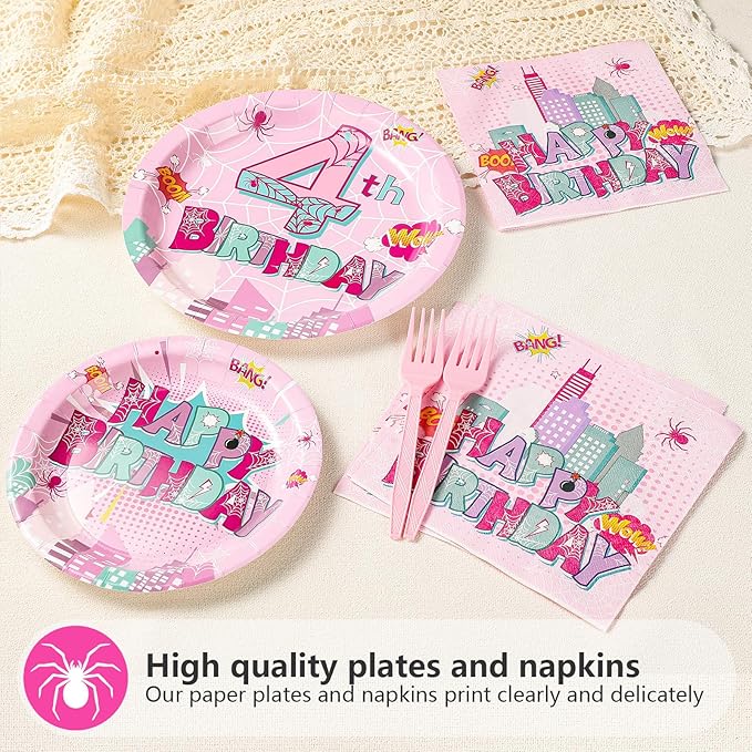 Grencian 96 Pcs Pink Spider Birthday Party Supplies Spider Web 4th Birthday Paper Plates Super Girl Hero Party Decorations Tableware for Kids Girls Four Year Old Party Decorstions Serves 24