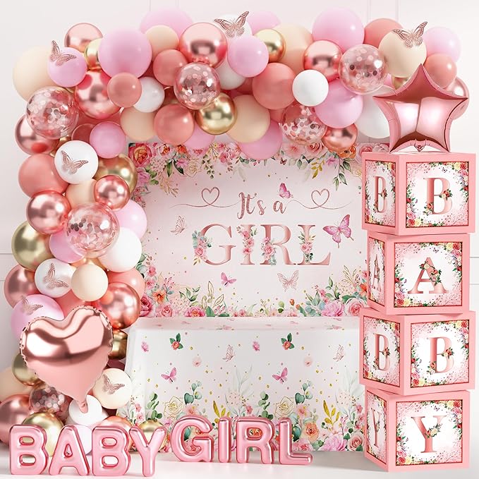 Baby Shower Decoration for Girl Baby Girl Pink Rose Gold Baby Shower Decoration Floral Gender Reveal Party Supplies with It's a Girl Backdrop Balloon Arch Baby Box with Letter Butterfly Sticker