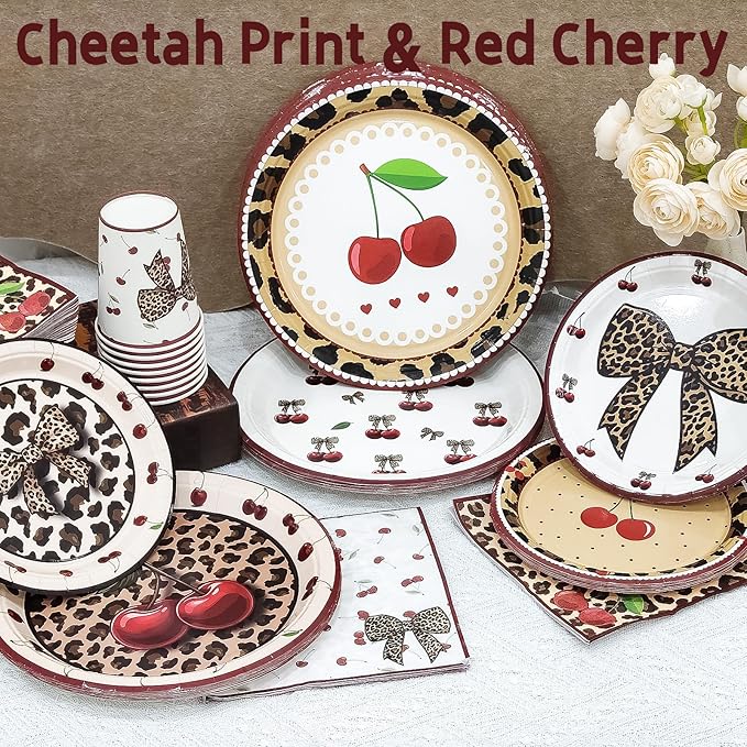 120PCS Cheetah Print Birthday Decorations Plates, Leopard Print Party Paper Plates Napkins and Cups, Leopard Cherry Theme Disposable Dinner Plate Tableware, Animal Print Plates Party Supplies Serve 30