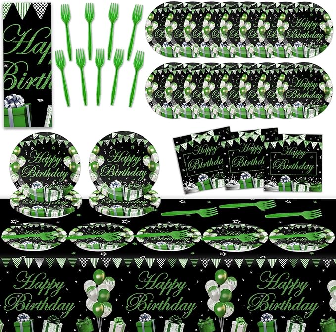61 Pcs Green Silver Black Birthday Decorations Green Themed Party Tableware Set Confetti Sprinkles Decor Includes Plates Napkins Tablecloth for Men Women Dinner Gathering Supplies Serves 20 Guests