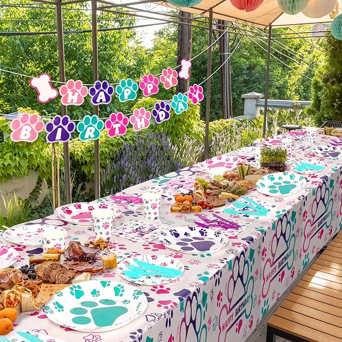 Gejoy 96pcs Dog Birthday Party Decorations Set Include Dog Print Plates Knives Forks Spoons Napkins Puppy Paw Tableware for Puppy Theme Party Supplies Kit(Sweet Color)