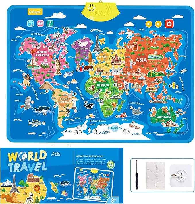 Educational Talking Wall Chart English World Map for Kids Interactive Music Poster with Words Animals Landmarks Montessori Learning Toy Gifts for Toddlers Preschoolers 2-4