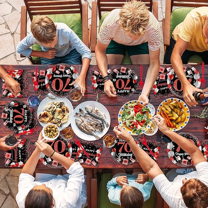 gisgfim 96 Pcs 70th Birthday Plates and Napkins Party Supplies 70 Years Old Party Tableware Set Red Black Dinner Dessert Plates 70th Birthday Decorations Favors for Man Women for 24 Guests