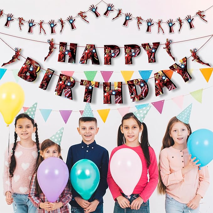 "Irn Man Theme Birthday Party Supplies – Superhero Party Decorations for Boys Girls – Includes Happy Birthday Banner, Cake Topper, Cupcake Picks, Garland, and Party Table Décor for Fans"