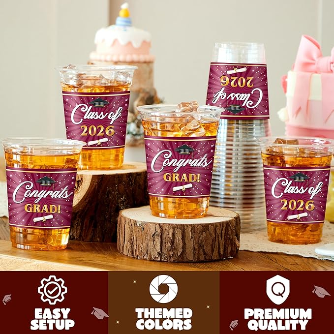 JOYIN 100 Pcs 16oz Graduation Party Plastic Cups (Maroon), Grad PET Cup Tableware Bulk for Class of 2026 Graduates, Disposable Cups for 2026 High School College Graduation School Grad Party Supplies