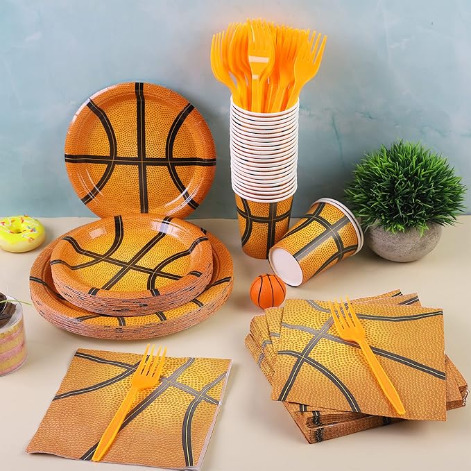 durony 144 Pieces Basketball Paper Plates and Napkins Dinnerware Kits Basketball Birthday Party Decorations Tableware Set Includes Paper Plates Napkins Forks Serve 24 for Sports Theme Party Supplies