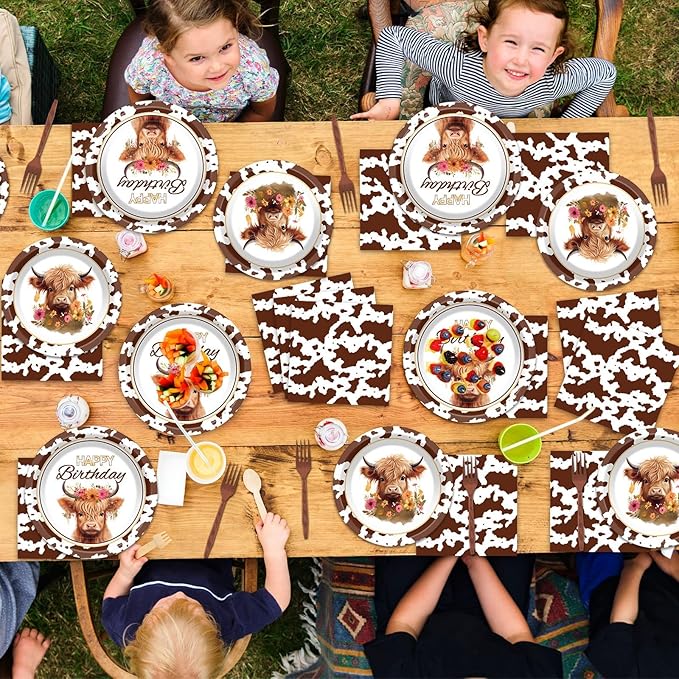 96 Pcs Highland Cow Birthday Party Decoration for 24 Guests Brown Cow Paper Plates Napkins Highland Cattle Dessert Cake Dinnerware Table Supplies for Western Farm Animals Kids Baby Shower Party Favors