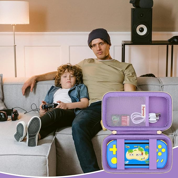 Supmay Carrying Case Compatible with CCTU / TEBIYOU Kids Handheld Games Preloaded 218 Retro Video Games, Portable Gaming Electronic Toys Storage Holder Travel Bag with Mesh Pocket, Purple(Cube)
