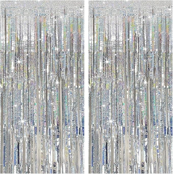2 Pack Silver Foil Fringe Curtains, 3.3x6.6 Ft Metallic Tinsel Backdrop Party Decorations Door Silver Streamers for Birthday Wedding Engagement Decor,Photo Booth Props, Party Supplies