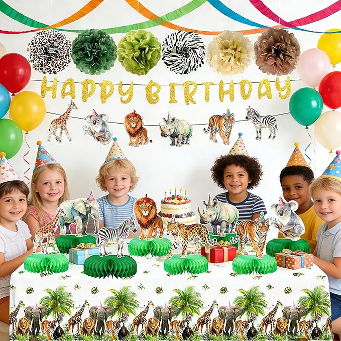 Safari Theme Party Decorations Animal Birthday Banner Jungle Tablecloth Centerpieces Hanging Swirl Decorations Animals Party Decorations for Wild Animals Party Supplies (Safari)