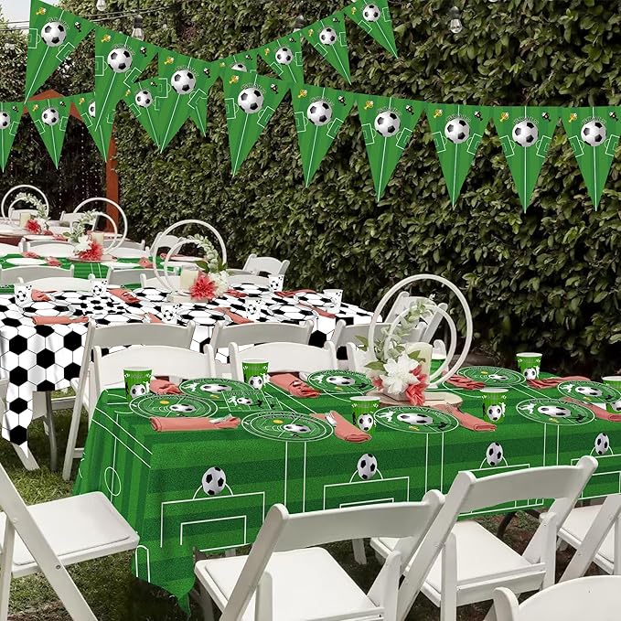 Soccer Birthday Party Decorations Tableware Set Soccer Party Supplies Soccer Theme Party Decorations Paper Plates Napkins Cup Tablecloth and Banner for Boys Girls Sports Theme, 24 Guests