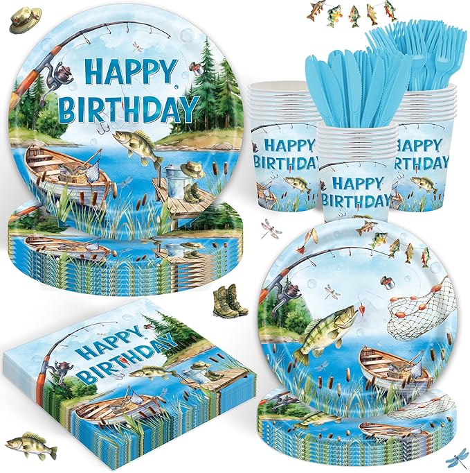 120Pcs Fishing Party Supplies,Disposable Tableware Set,Include Plates Napkins Cups Forks,Little Fisherman Themed Paper Plates Set for Birthday Serves 20