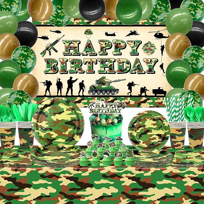 Camo Birthday Party Decoration, Army Party Supplies, Plates Cups Napkins Camo Tablecloth Happy Birthday Backdrop Balloons Cake Toppers for Boy Camouflages Hunting Military Party Supplies (Backdrop)