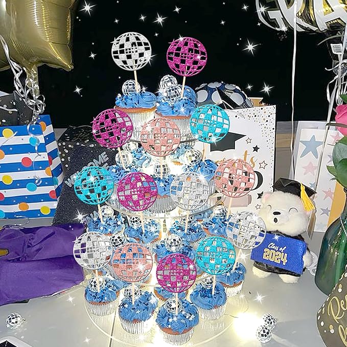 24 Colorful Disco Ball Cupcake Toppers - Dancing Cupcake Decorations for 70s Disco Music Theme Party Supplies