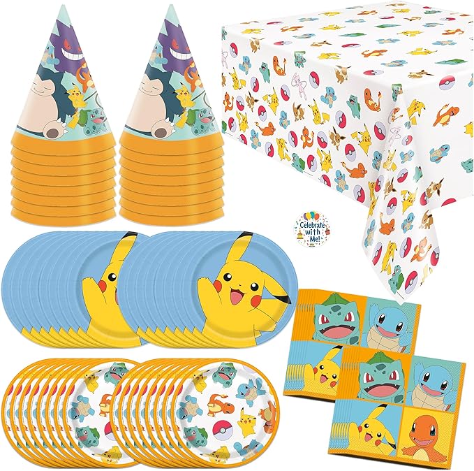Unique Pokémon Party Supplies | Tabletop & Party Hats Set | Serves 16 | Officially Licensed | Plates, Napkins, Plastic Table Cover, Party Hats | Birthday Decorations For Kids & Classrooms